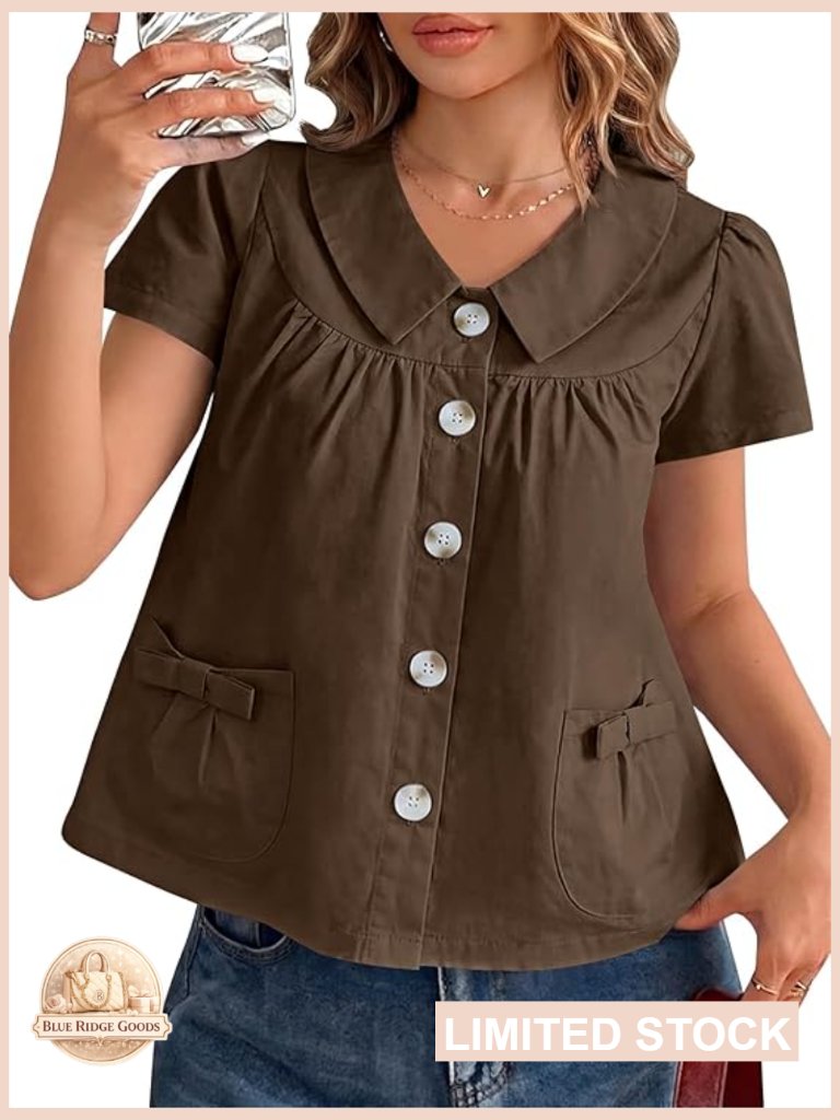 Peter Pan Collar Babydoll Blouse Cotton Preppy Button Down Shirt Casual Summer